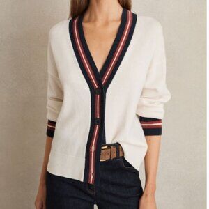 Reiss ! Mila Wool-Cashmere Stripe-Trim Cardigan in White ( S )
